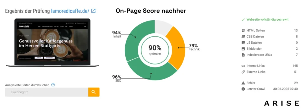 Xovi On-Page score von Lamoredicaffe nach der Zusammenarbeit