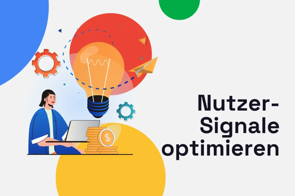Grafik mit Person am Laptop, Glühbirne und Zahnrädern – Nutzersignale optimieren für bessere Website-Performance und Conversion